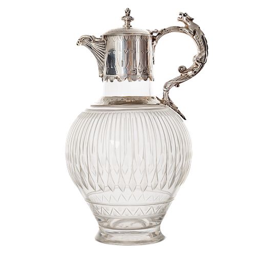 Unique Victorian sterling etched glass claret jug
