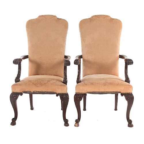 Pr. Continental carved mahogany dinning arm chairs