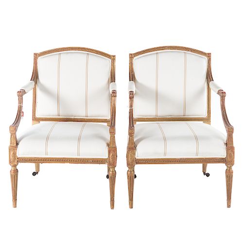 Pair George III gilt wood upholstered fauteuils