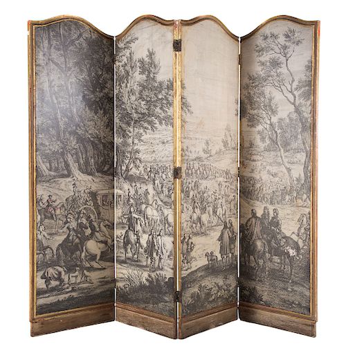 Louis XIV style painted & gilt four panel screen