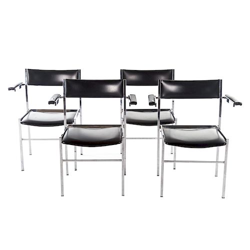 Four contemporary vinyl & chrome arm chairs