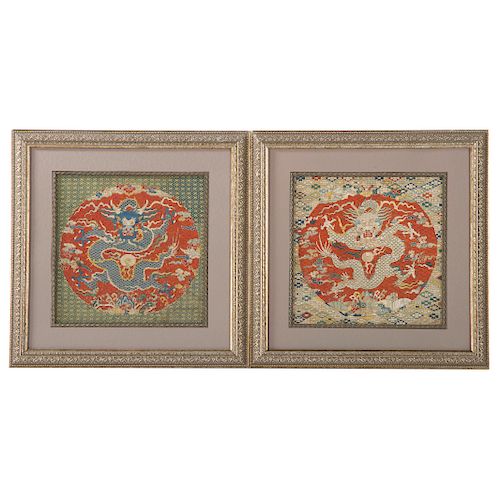 Pair Chinese dragon textiles