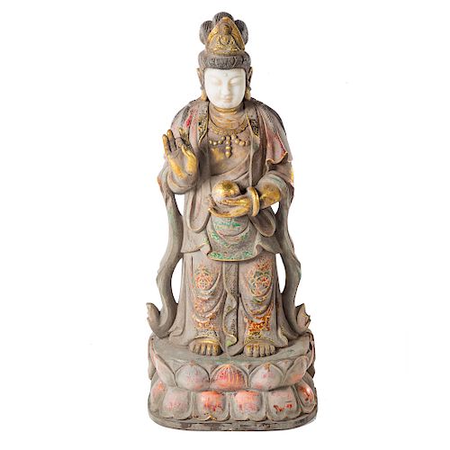 Chinese carved and polychromed marble Bodhisattva
