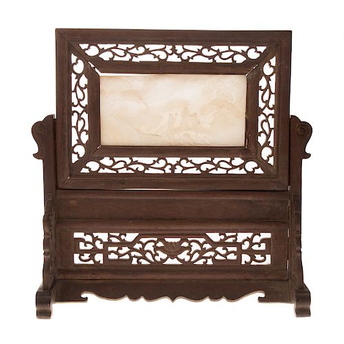 Chinese jade and wood miniature table screen