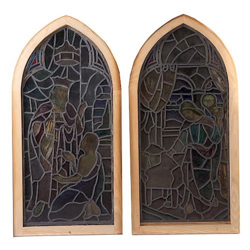 Two religious themed leaded glass window