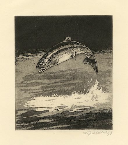 William J. Schaldach - Dark Water- Trout - Original, Signed Aquatint