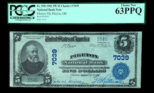 1902 Us $5 National Bank Note Piketon Ohio Nb 63Ppq