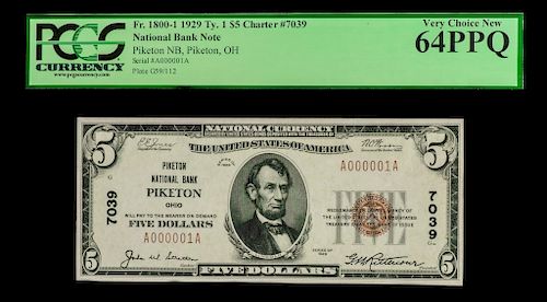 1929 Us $5 National Bank Note Ser. #1 Piketon Ohio
