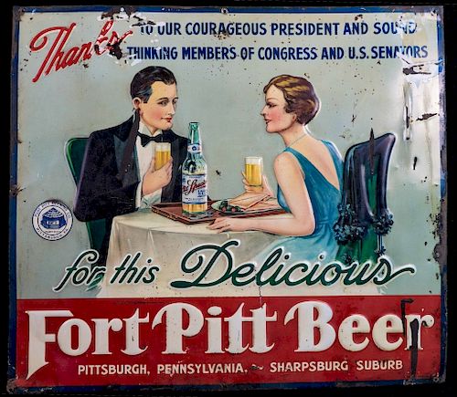 Rare Prohibition Era Fort Pitt Beer Embossed Sign