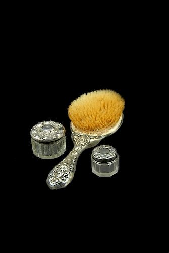 Art Nouveau Sterling Brush And 2 Jars