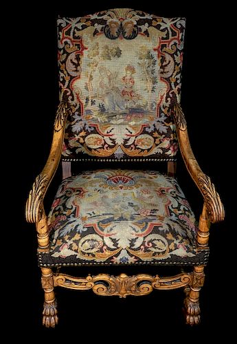 Carved Needlepoint Armchair