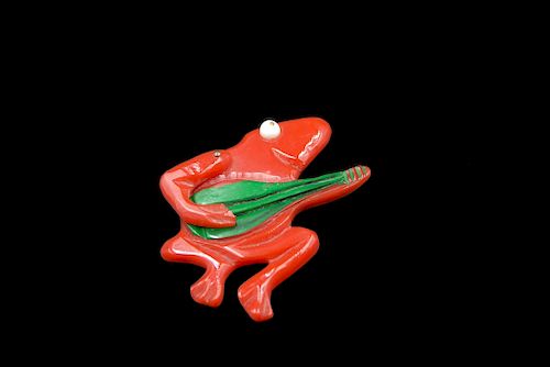 Red Frog Moveable Arm Bakelite Pin