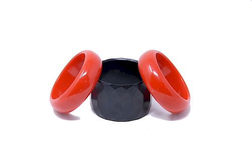 3 Bakelite Bracelets Faceted 2 Cherry Red And Black