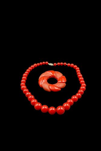 Cherry Red Bakelite Necklace And Pin