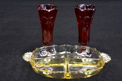 Pr. Fostoria Coin Glass Vases With Yellow Depression