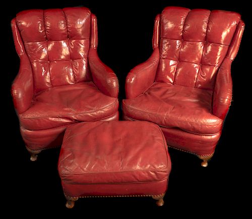 Pr. Red Leather Club Chair Circa 1940