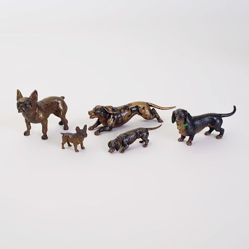 Group of Five Austrian Cold Painted Bronze Figures of Dogs