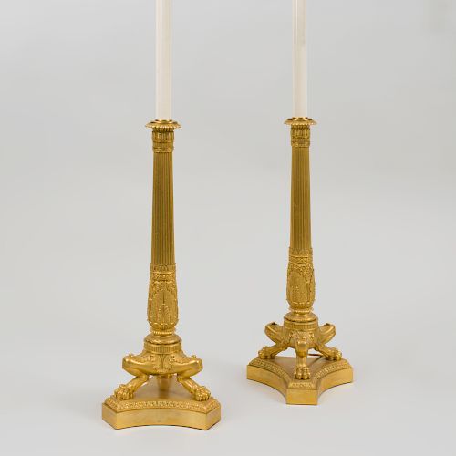 Pair of Denière & Fils Ormolu Candlestick Lamps
