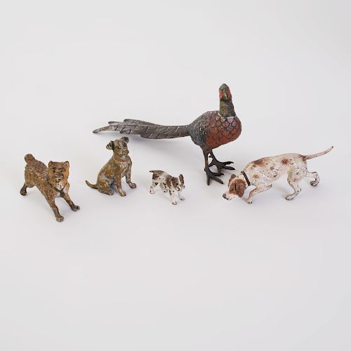 Four Austrian Cold Painted Bronze Figures of Dogs and a Figure of Pheasant
