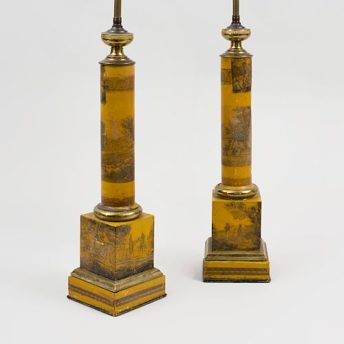 Pair of Regency Style Gilt-Bronze-Mounted Tôle Columnar Form Lamps