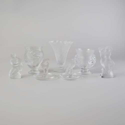 Group of Four French Glass Figures and Three Vases