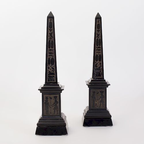 Pair of Marble Obelisks Carved with Hieroglyphics