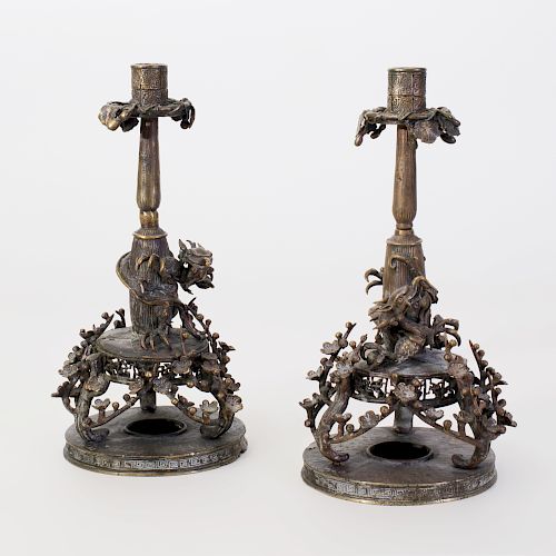 Pair of Chinese Cast Bronze Candlesticks