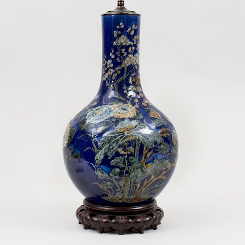 Chinese Blue Ground Porcelain Bottle Vase Mounted as a Lamp