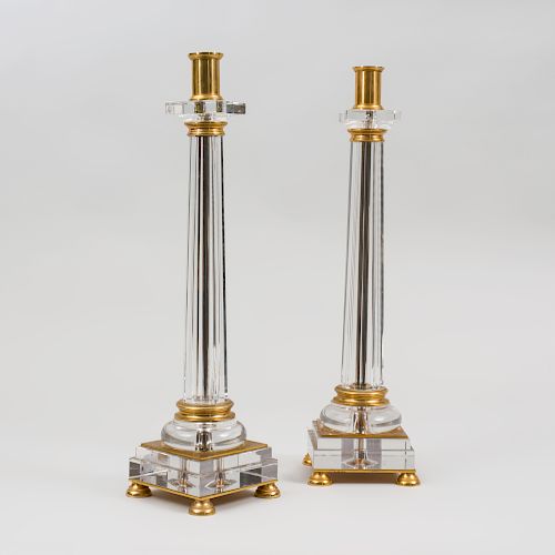 Pair if Neoclassical Style Brass-Mounted Glass Candlesticks
