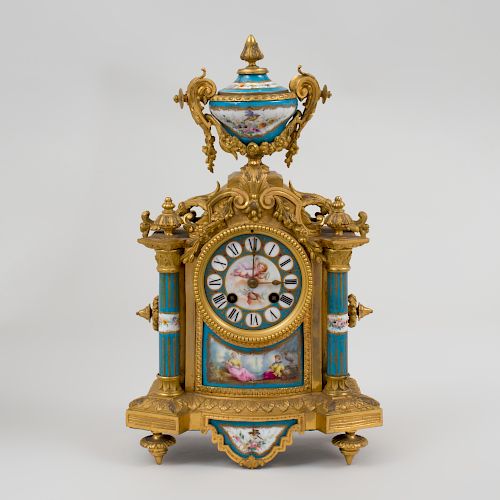 Sèvres Style Gilt-Metal-Mounted Turquoise Glazed Porcelain Mantle Clock