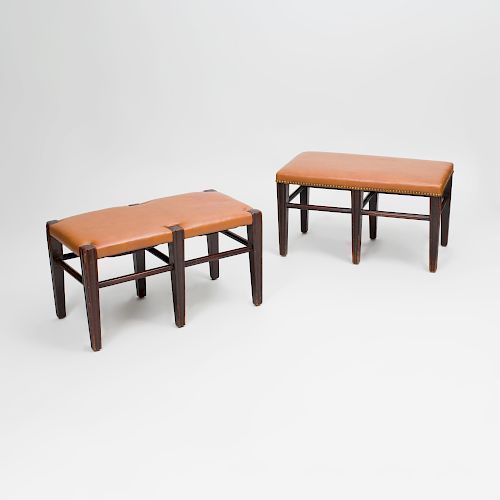 Pair of Stained Wood and Leather Upholstered Stools