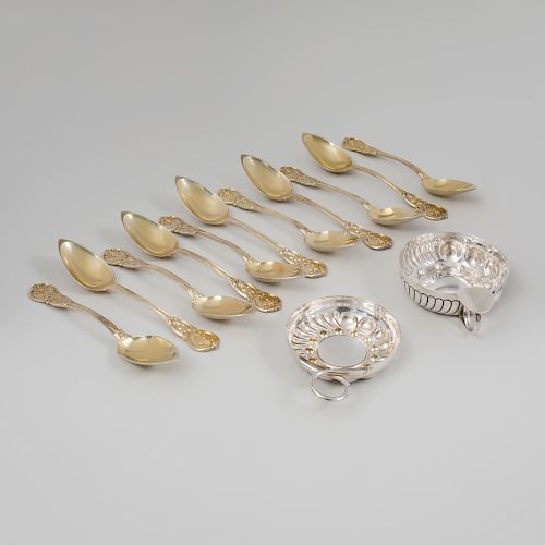 Set of Eleven Silver French Gilt Fruit Spoons and a Wine Tasters