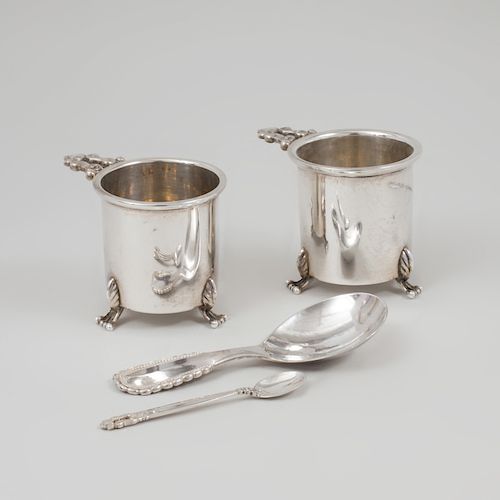 Two Georg Jensen Spoons and a Pair of Jensen Style Condiment Holders