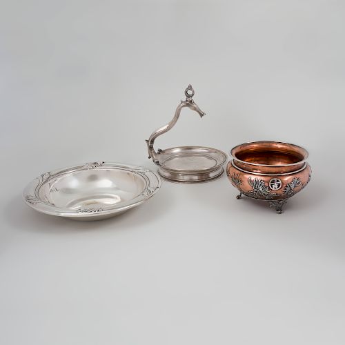 Chinese Export Silver and Mixed Metal Bowl, an International Silver Bowl, and a Silvered Metal Turkish Style Dish