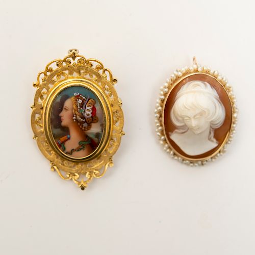 14k Gold Cameo Brooch with Seed Pearls and an 18k Gold Plated Brooch with Figure