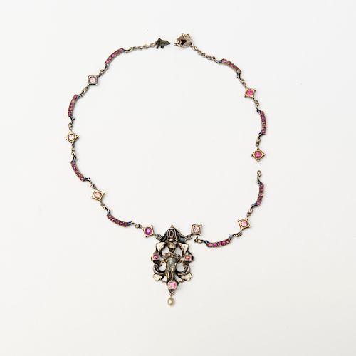 Victorian Silver, Enamel and Ruby Figural Necklace