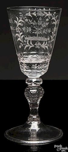 Dutch etched wine glass, ca. 1800, with floral decoration, inscribed to the Prince of Orange