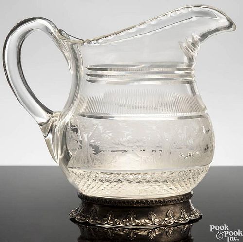 German cut glass pitcher, ca. 1900, with an elaborate engraved hunt scene