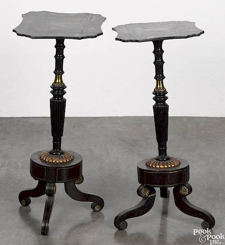 Pair of English painted candlestands, mid 19th c., the tilt tops with Chinoiserie decoration