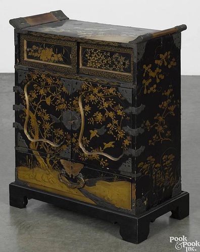 Oriental black lacquer cabinet, ca. 1900, with brass mounts