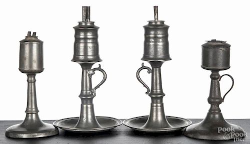 Four pewter oil lamps, 19th c., unmarked, to include two pedestal base examples, tallest - 10''.