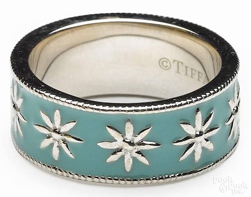 Tiffany & Co. sterling band with turquoise enameling in a Tiffany & Co. bag and box, ring size - 5.