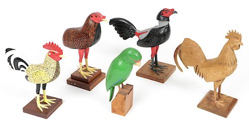 (3) Carved and Painted Wood Roosters (1) Parrot (1) Unpainted Rooster
