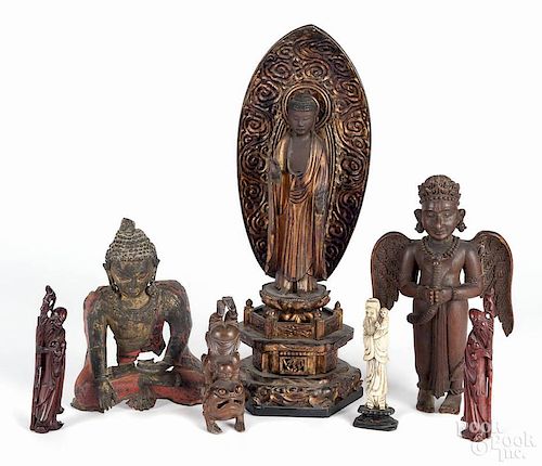 Group of Asian religious wood carved figures, tallest - 17 1/2'', together with a carved bone figure
