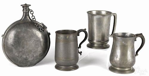 English pewter canteen, 19th c., 11 1/4'' h., together with three mugs, tallest - 6 1/2''.