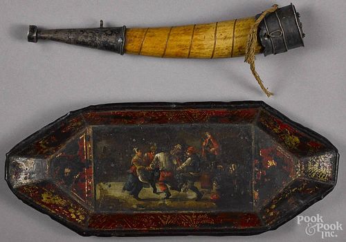 Carved horn with silver mounts, 19th c., 7 3/4'' l., together with an English painted tole tray with