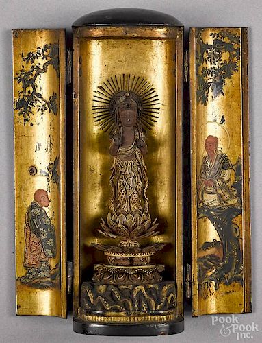 Japanese lacquered traveling shrine or Zushi, 19th c., the gilt interior painted with wise men