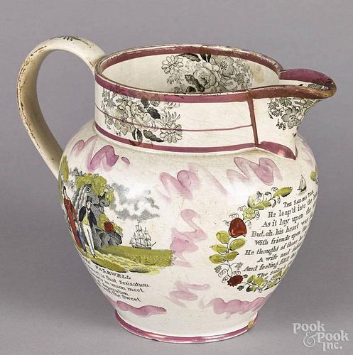 Sunderland pink lustre pitcher, 19th c., with Sailors Farewell, 7'' h.