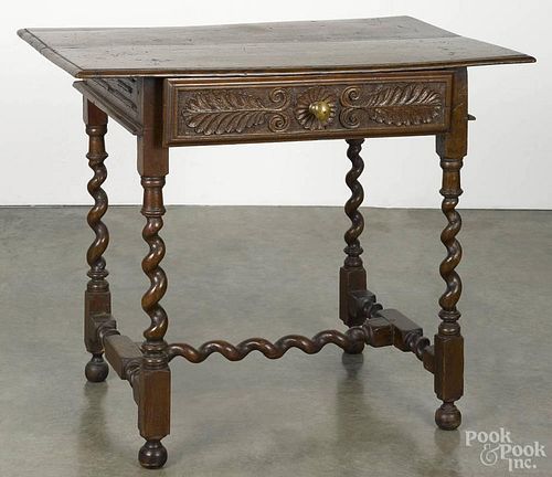 English oak tavern table, 18th c., with a carved drawer, rope twist legs, and extensive restoration