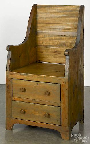 Pine chair, 19th c., probably Scandinavian, with a two-drawer base.